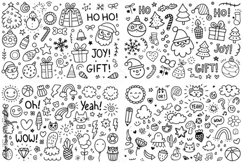 Doodle Christmas and Summer Icons Grouped in Black and White