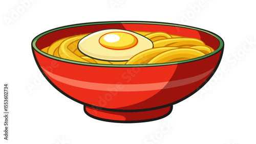 bowl with egg illustration of a red bowl of yellow noodles with a halved boiled egg and a green rim on a white background 