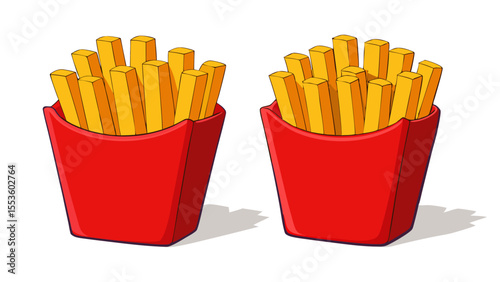 french fries with ketchup illustration of two red containers full of golden yellow french fries side-by-side on a white background
