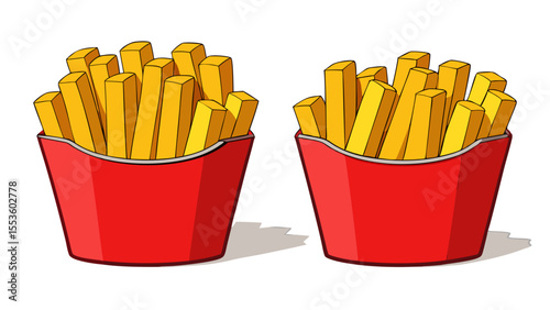 french fries illustration of two red containers full of golden yellow french fries side-by-side on a white background