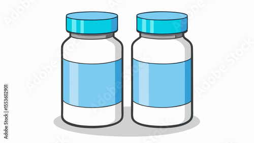 drawing of two identical white medicine bottles with blue labels and caps isolated on a white background.