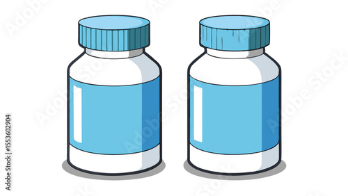 drawing of two identical white medicine bottles with blue labels and caps on a white background.