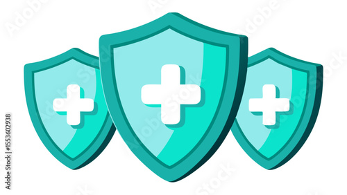 a cartoon illustration of three teal shields with white medical crosses on a white background.