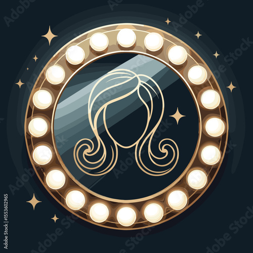 Stylish illuminated makeup mirror with a hair icon and glamorous design elements