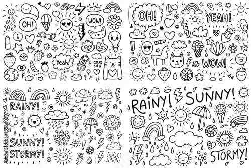 Doodle Art Grouped Weather and Cute Emoticons illustration