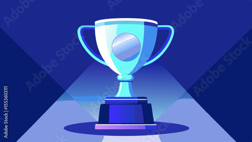 glowing cyan trophy cup with spotlight illumination blue geometric background championship illustration