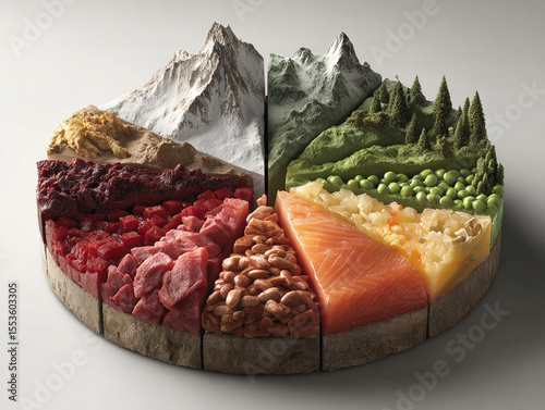 Future food concept with biotech innovation showing pie chart of natural ingredients and landscapes representing sustainable nutrition