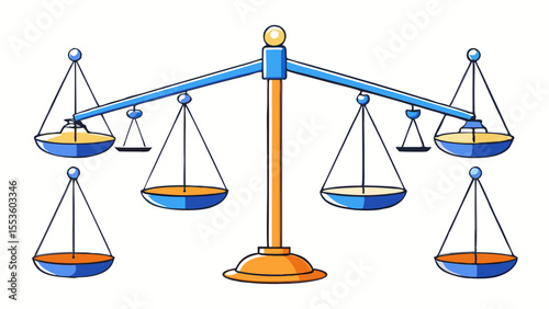 illustration of an unbalanced balance scale with multiple yellow and orange pans and blue beams on a white background