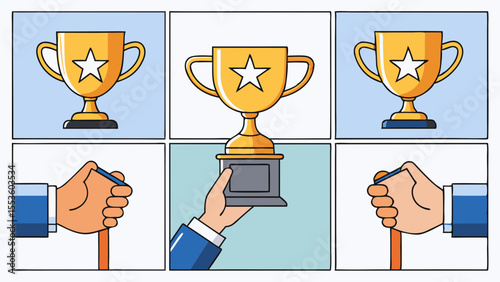 a cartoon storyboard of winning a race hand holding a trophy  illustration background.