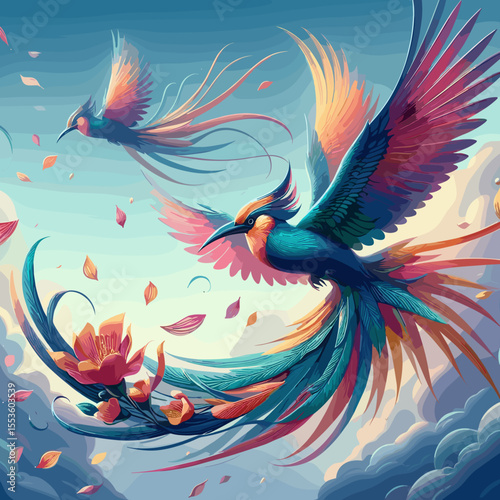 Vibrant colorful birds flying through a dreamy background with floral elements