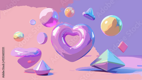 pastel-colored floating geometric shapes and a heart illustration background.