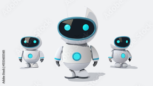 three little white and blue toy robots on a plain background, 