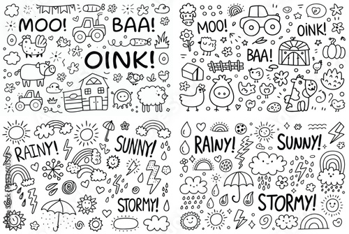 Farm Animals and Weather Doodle Illustrations in Black and White