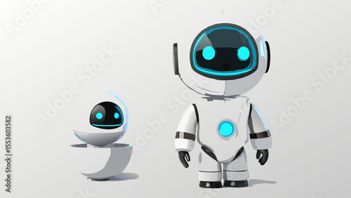 two small white and blue cartoon robots with glowing blue eyes
