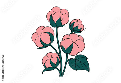 Stylized illustration of pink cotton bolls with green leaves and stems on a white background