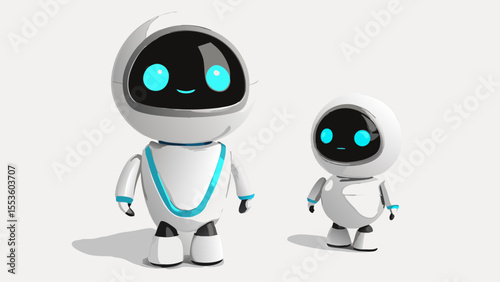 two adorable robots in different sizes with glowing blue eyes and white bodies standing together