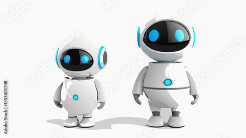 two friendly cartoon robots with rounded white bodies and blue accents standing together on clean background