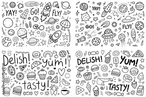 Black and white doodle illustrations of space and food elements