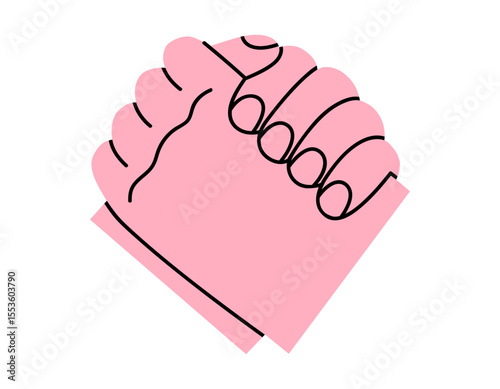 Hand drawn cute cartoon illustration of handshake. Flat vector teamwork partnership sticker doodle. Cooperation arm sign. Agreement hand gesture icon or print. Friendly holding hands. Isolated.
