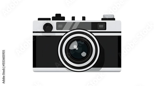 Classic black and white vintage camera illustration with lens and viewfinder design
