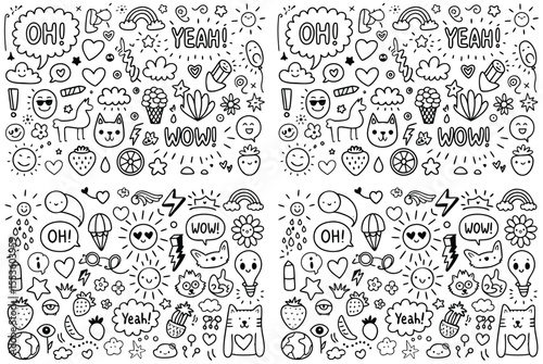 Doodle Art Pattern with Speech Bubbles Hearts Stars and Cute Characters