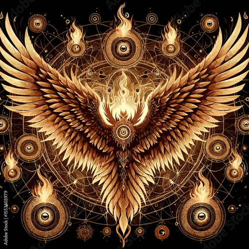 Golden phoenix with fiery wings in a mystical background and intricate designs