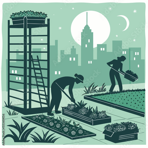 People tending to rooftop garden with planter boxes under a night sky in an urban environment setting