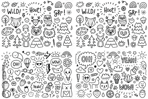 Black and white doodle art with woodland and fun elements