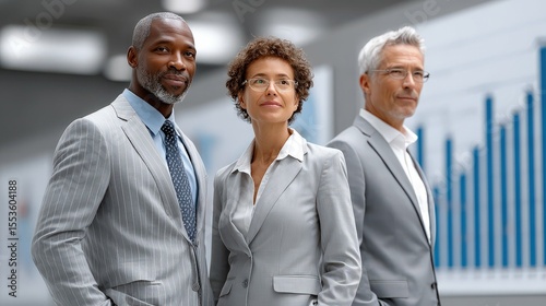 Diverse Business Team Standing Confidently in Modern Office with Graphs and Charts in Background Elevating Professional Atmosphere
