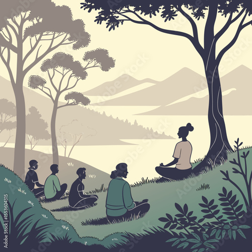 Group meditation session outdoors with instructor near lake and mountains in a serene landscape scene