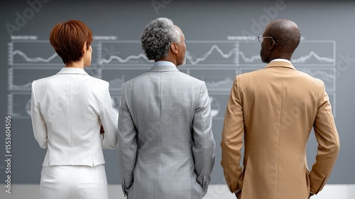 Three Diverse Business Professionals Analyzing Data Charts in Modern Office Setting