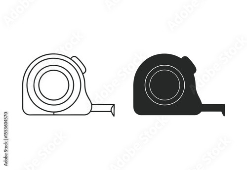 Simple line art and silhouette icons of a tape measure tool