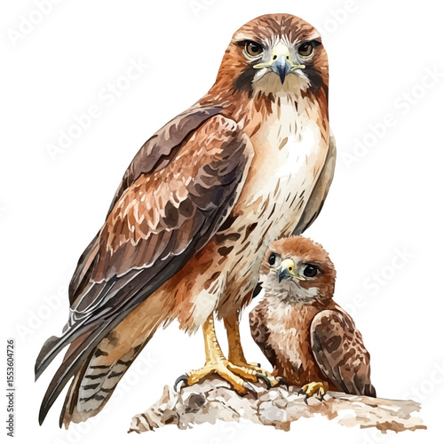 A Mother Hawk With Her Kid, watercolor clipart vector, isolated on a white background.