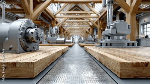Modern Industrial Workshop with Machinery and Wood Beams in a Large Open Space