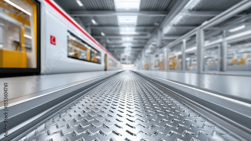 Metallic Floor Surface in Modern Train Station Interior with Train Windows and Industrial Elements