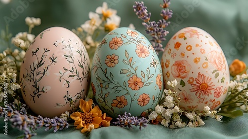 Three beautifully decorated easter eggs with floral designs surrounded by spring flowers high resolution photo