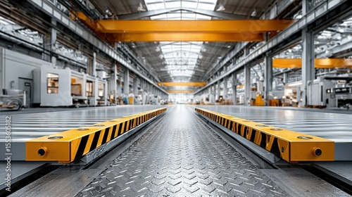 Industrial warehouse interior with overhead cranes, metal flooring, and bright lighting in a modern manufacturing facility