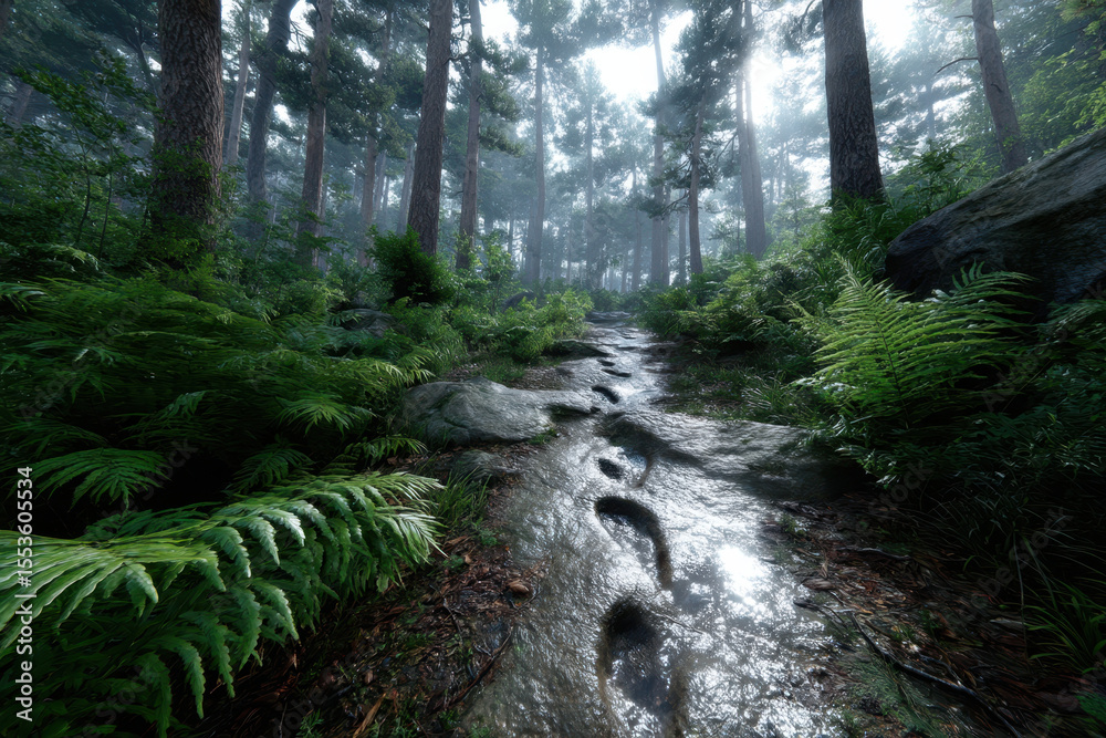 Obraz premium Footsteps along a misty forest trail surrounded by lush greenery and towering trees