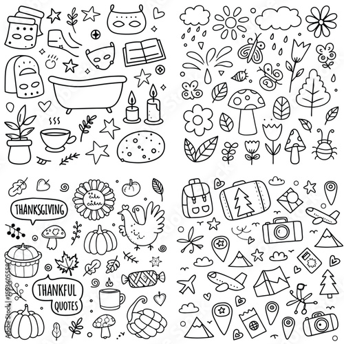 Doodle Illustrations of Thanksgiving Travel and Relaxation Objects