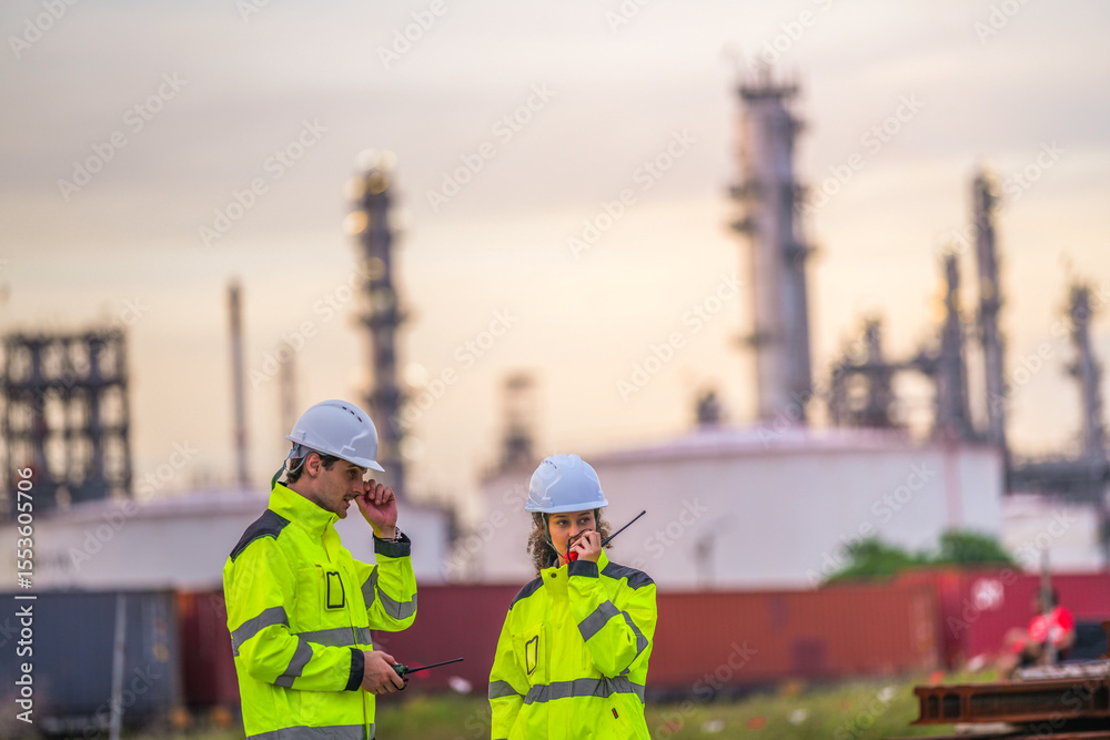 Fototapeta premium Two engineers in high-visibility safety gear and helmets conduct a field inspection at an industrial plant during sunrise, holding a tablet and measuring tools with soft pastel light background.