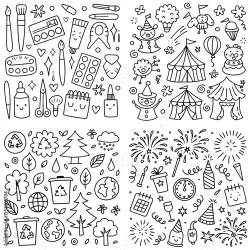 Doodle Art Elements: Art Supplies Circus Celebration and Environmental Themes