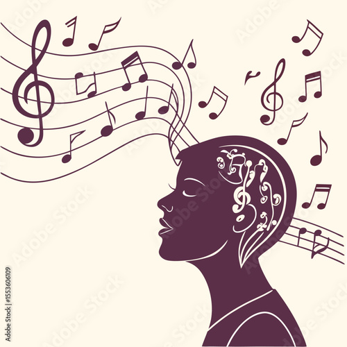 Silhouette of a person with musical notes flowing from their head and music symbols inside 100 characters