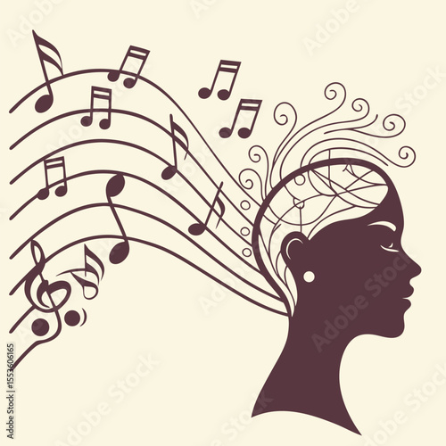 Silhouette of a woman with music notes flowing from her head and intricate brain design visible