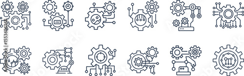 Gear and Circuitry Icons in a Row on White Background