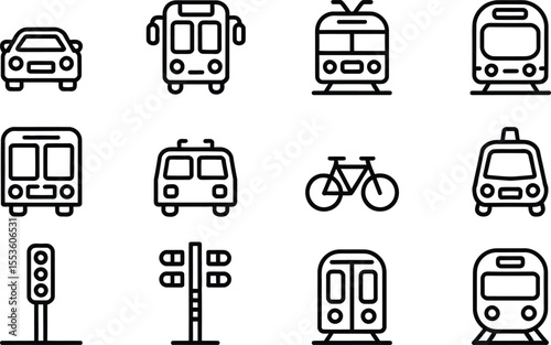 Vector Icon Set for Transportation, Includes Car, Bus, Train, and Bicycle Icons