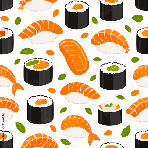 Seamless Sushi Pattern – Flat Style in Black and Orange