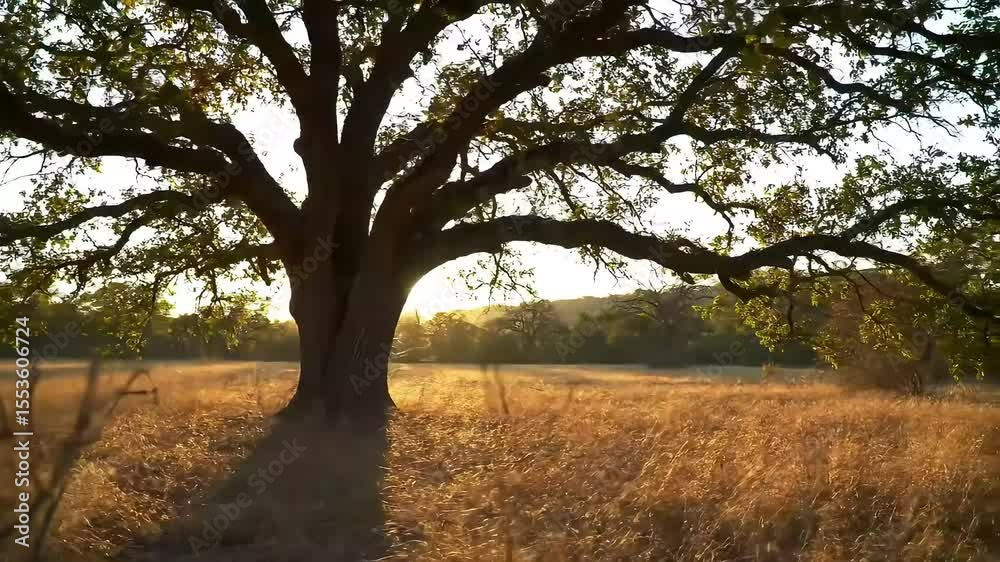 Sunset Oak Tree in Golden Field, Woodland Background Sunset Oak Tree in Golden Field, Woodland Background