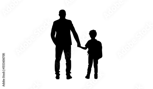 Silhouette of a father and son holding hands, standing on a plain white background.