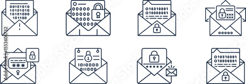 Envelopes with Binary Code Padlocks and Passwords Vector Illustration