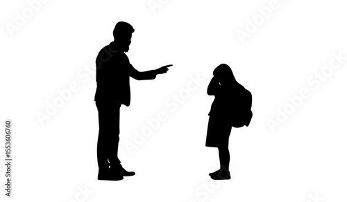 A powerful silhouette of a father angrily scolding his young school-aged daughter.